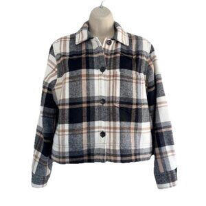 Rails Woman's Sz XS Tripp Flannel Shirt Jacket Ivory Black Camel Plaid Cropped